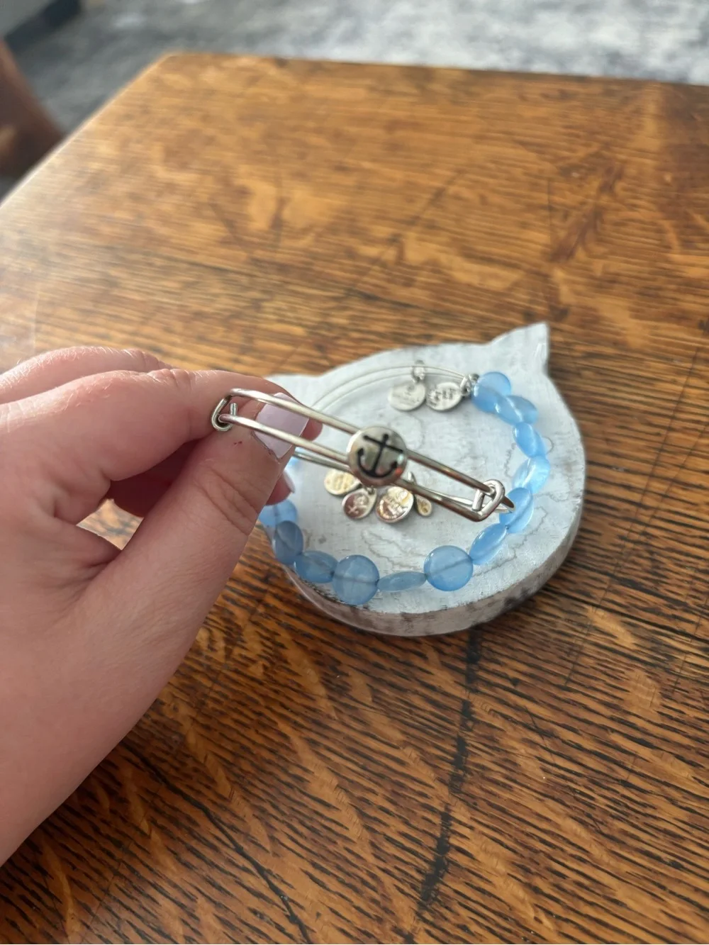 Silver Bangle Bracelet Set Anchor Aquamarine Beads Alex and Ani